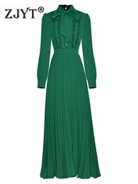 ZJYT piste mode à manches longues Maxi robes pour femmes vert noeud col plissé vacances robes élégant Robe de soirée Femmes 240126