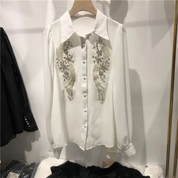Zjyt Spring Beading shirts en blouses voor vrouwen witte losse blusa mujer moda Koreaanse stijl casual kantoor camisas tops zwart 240326