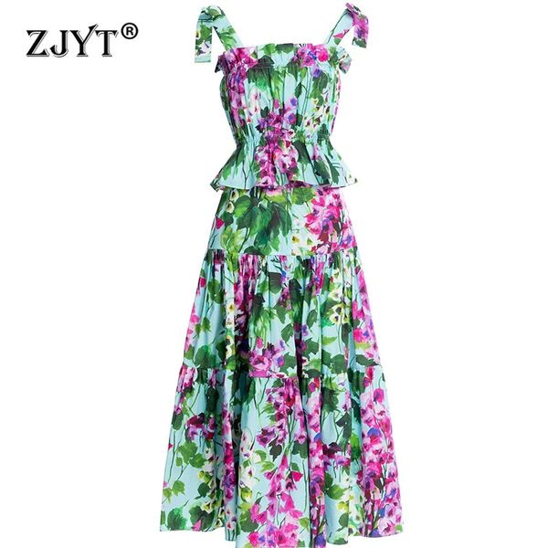 Zjyt Summer Floral Print Robes Sets 2 Piece for Women Runway Designer Spaghetti STRAP TOPMIDI JUPT SUIT HOLIDAY BEACH SIGNE 240411