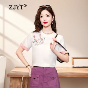 ZJYT T-shirts d'été pour femmes Style chinois broderie Vintage T-shirts femme Tang vêtements décontracté hauts Camisetas Tees Hanfu 240326