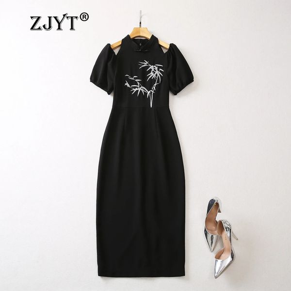 ZJYT Vintage broderie noir robes d'été pour les femmes 2024 mode Style chinois hors de l'épaule robe de soirée mi-longue droite 240306