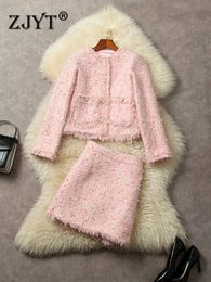 ZJYT Conjuntos de vestidos de invierno de 2 piezas para mujer, traje de fiesta rosa, chaqueta de lana de Tweed con un solo pecho, traje de falda, dama elegante 231225