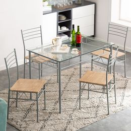 ZK20 110 x 70 x 76cm Iron Glass Dining Table and Chairs Silver One Table and Four Chairs MDF Cushion