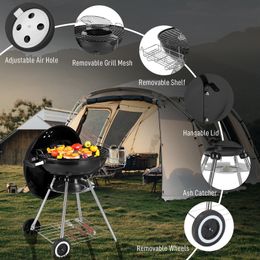 ZK20 28-Inch Portable Charcoal Grill with Wheels and Storage Holder, Porcelain-Enameled Lid and Ash Catcher & Thermometer, Round Barbecue Kettle Grill