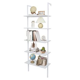 ZK20 5-Shelf Wood Ladder Bookcase with Metal Frame, Industrial 5-Tier Modern Ladder Shelf Wood Shelves