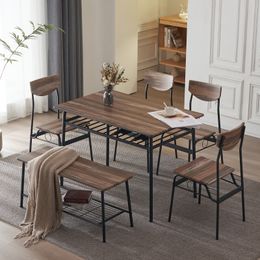 ZK20 Juego de comedor moderno de 6 piezas para el hogar, cocina, comedor con bastidores de almacenamiento, mesa rectangular, banco, 4 sillas, marco de acero - color natural