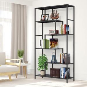 ZK20 6-laag Black metal boekenplank-Stevige en stijlvolle hoge open boekenkast voor planten, boeken en decor, multifunctionele displayplank met anti-tip wandmontage