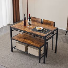 ZK20 Dining 4, table de cuisine avec 2 chaises et un banc, table de cuisine 4 pièces pour petit espace, appartement de pub à barre de cuisine à la maison, brun rustique