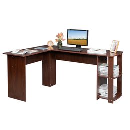 Madera en forma de L en forma de LK20 escritorio de ángulo derecho con estantes de dos capas de color marrón oscuro