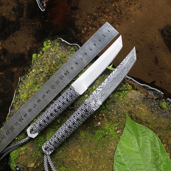 ZK20 Couteau d'extérieur, couteau de survie en plein air, couteau portable d'auto-défense, couteau droit attaché avec corde de haute dureté, mini couteau à fruits