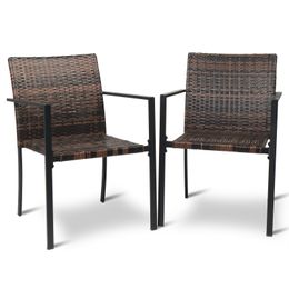 ZK20 Set van 2 stapelbare rieten rieten patio-eetstoelen, fauteuil met alle weersomstandigheden met armleuningen, stalen frame voor patio dek tuinwerf bruin