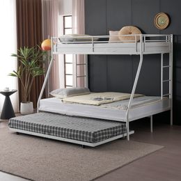 ZK20 Twin sur un lit superposé complet avec gigog, lit superficiel triple pour enfants adolescents adultes, métal avec deux échelles latérales et garde-corps, blanc