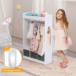 ZK20 With mirror 3 gray non-woven drawers 1 hanging rod 7 cloak beads 2 layers open closet density board non-woven 63*30*107cm white
