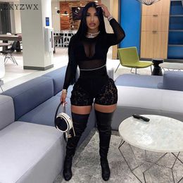 Zkyzwx Trendy Patchwork Mesh Sheer Tweedelige Set Lange Mouw Crop Top Sexy Kant Shorts Dames Zomer Night Party Clubwear Outfits X0709