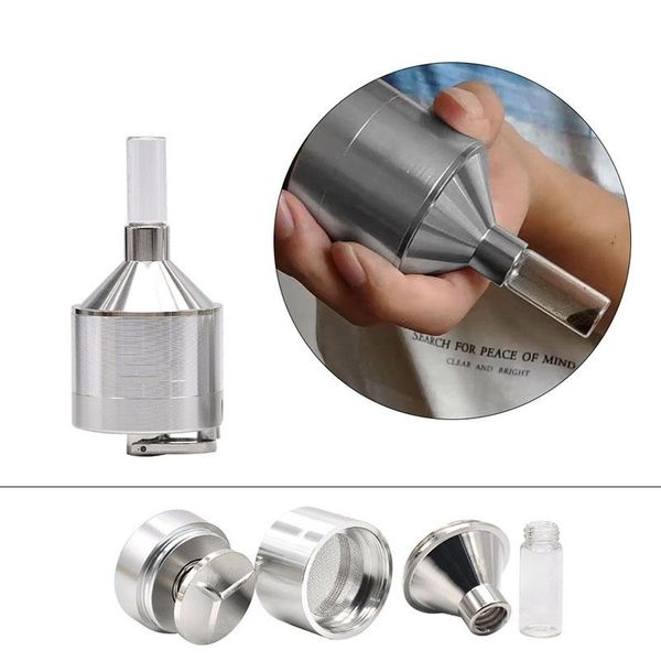 Accesorios para fumar Embudo de metal de aluminio Molino manual Molinillo de hierbas de 56 mm con tabaco Snorter Botella de vidrio Polvo Especias Prensa Trituradora ZL0445