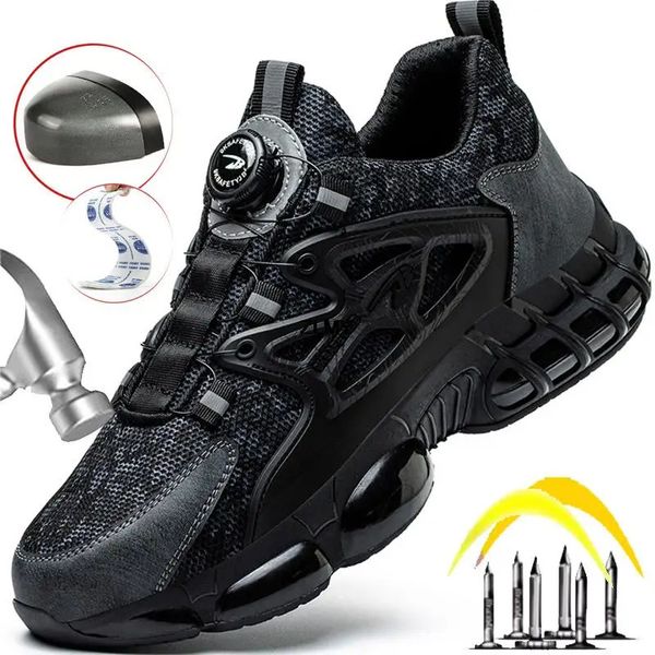 ZLMY bouton rotatif chaussures de sécurité hommes bout en acier Sneaker coussin d'air chaussures de travail homme anti-crevaison travail bottes de sécurité de protection 240130