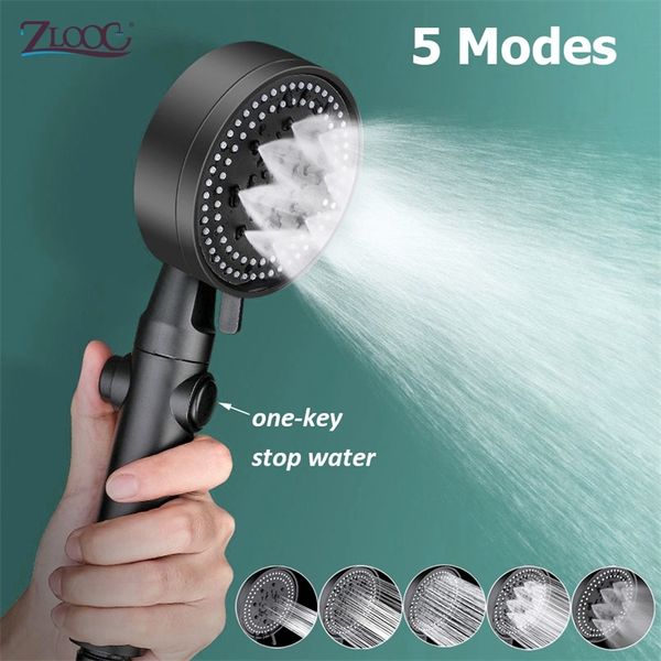 Zloog 5 Modes réglable noir tête de bain haute pression économie Eco Stop eau pommeau de douche accessoires de salle de bain 220718