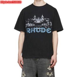 ZMJH hommes t-shirt 2023 nouvelle marque de mode Rhude Casino américain Hd château imprimé col rond coton décontracté grande manches courtes