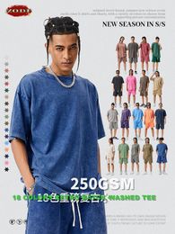 ZODF Mens Summer Batik Wash 250gsm Retro Shirt Unisexe Basic Loose Cotton T-shirt Brand Top 2024 HY0753 240511