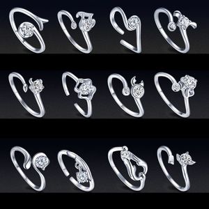 Horóscopo signo anillo Mujer apertura CZ Anillos 12 pareja retro Doce signos joyería de moda para mujeres regalo nave de la gota