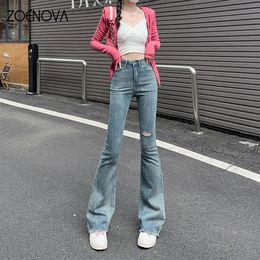 Zoenova hoge taille afslank recht uitlopende broek plus size straten veelzijdige retro gescheurde licht laars gesneden jeans lente 240315