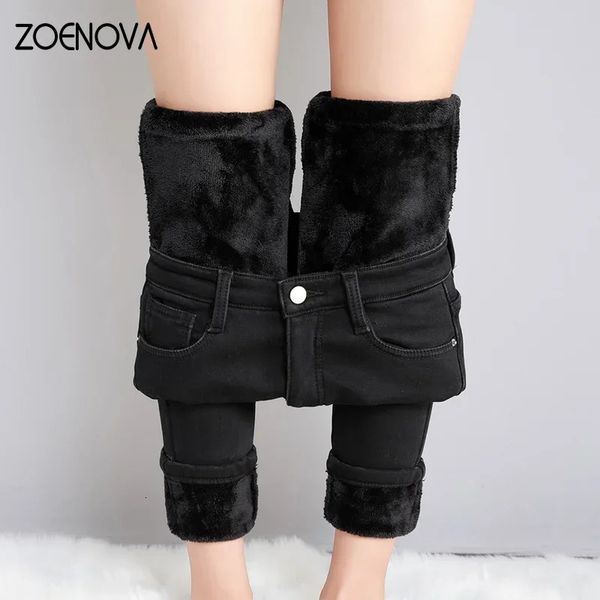 ZOENOVA, pantalones vaqueros gruesos de terciopelo para mujer, pantalones elásticos ajustados de cintura alta a la moda coreana cálidos, pantalones vaqueros informales Legging de invierno 240125