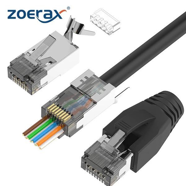 Connecteur Zoerax Cat6A CAT7 RJ45 Connecteurs passe par Cat6A Cat7 blindé à 3 dents avec des bottes de relief de tension noir 240430