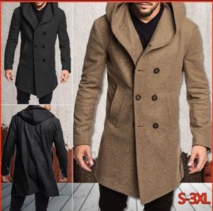 Otoño Invierno hombres abrigos largos de lana gabardinas marca de moda Casual bolsillos con botones abrigos con capucha