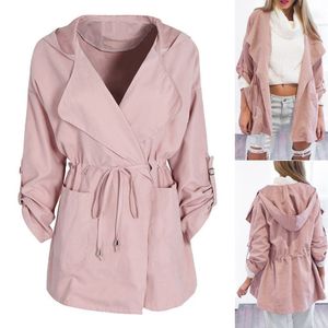 Zogaa Damesmode Pure Color Cardigan Hooded Jas Lichtgewicht Dunne Riem Dame Roze Overjas Casual Taille Trench Coats Dames