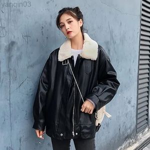 Zoki Autumn Wool Jacket Dames PU Leer Warm jas Zwart Faux Fur Coats Oversize Lady Street Outswear Korean Fashion New L220801