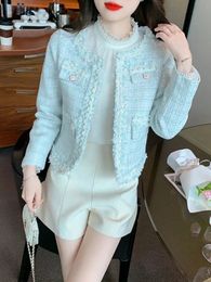 Zoki Casual Women Korean Sweet Tweed Jacket Fashion Simple Long Sleeve Coat Elegant Slim Female Chic O Neck Open Stitch Outdersear 240423
