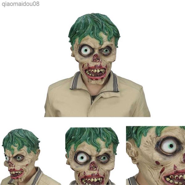 Zombie Cosplay Máscaras de látex Horror Fiesta de Halloween Suministros Pelo verde Ojos grandes Blooding Casco Traje Props L230704