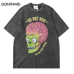 Zombie crâne imprimé tshirt streetwear hip hop hommes vintage lavé à manches courtes tshirt mode suee