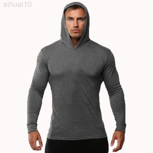 Zomer Dunne Lange Mouwen Hooded Europese Mannen Fitness Sport Leisure Running Training Gym 100% Katoen Trui Nieuwe L220730