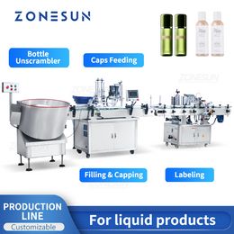 ZONESUN Ligne de production automatique de machine d'étiquetage de capsulage de remplissage Liquid Bottle Unscrambler Plateau tournant de pompe magnétique à 2 têtes ZS-FAL180Z2