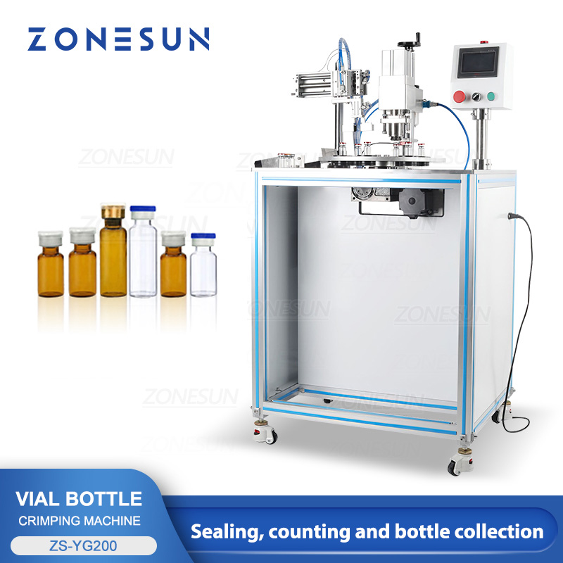 Zonesun自動バイアルクリンプマシンガラスボトルシーラーフリップオフキャップアルミニウム空気圧ターンテーブルZS-YG200シーリングマシン