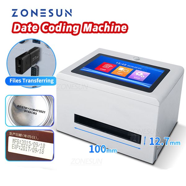 Zonesun Tabletop Ink Jet Date Coding Machine ZS-Tip127 Portable Digital 12.7 mm QR Bar Código de barras Batch Experiencia Número de serie Printer de logotipo