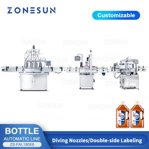 ZONESUN ZS-FAL180X8 Llenado automático Tapado Máquina de etiquetado Línea de producción Botella de líquido Bomba de pistón de 4 cabezales Brazo robótico