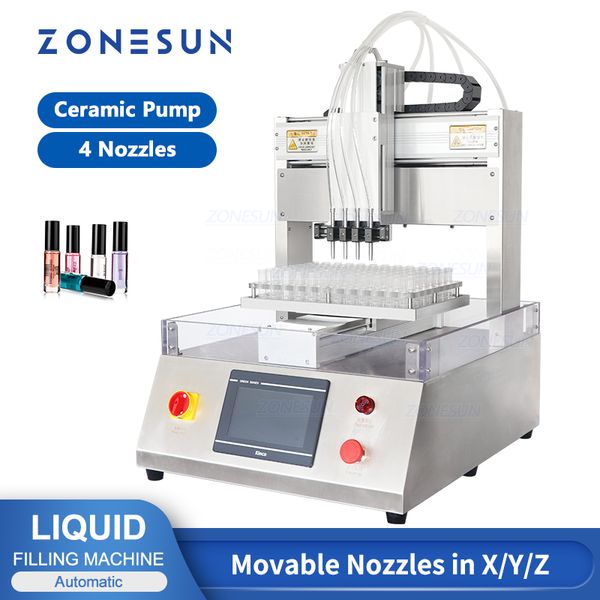 ZONESUN-máquina de llenado de líquidos ZS-XYZ4, bomba de émbolo de cerámica de 4 cabezales, tubo de Vial, agentes químicos, línea de producción de envases médicos