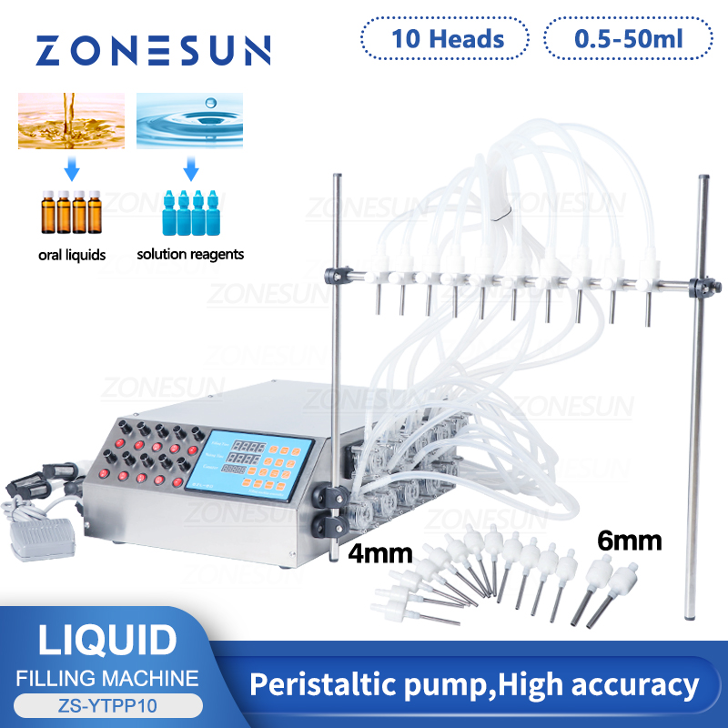 ZONESUN-máquina de llenado de ZS-YTPP10, 10 cabezales, Vial de Perfume, líquido Oral, bomba de Control Digital eléctrica, llenadora, botella pequeña de 50ml