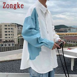 Zongke Chemises Décontractées Pour Hommes Vêtements De Mode Streetwear À Manches Longues Patchwork Blanc M-3XL 210721
