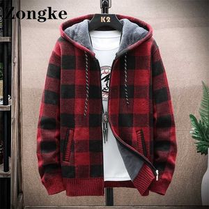 Zongke Plaid Hooded Cardigan Mannen Kleding V-hals Sweater Heren Cardigen Retro Kleding Hip Hop Knitwear 3XL Herfst Winter 211006