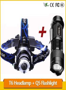 Zoom 3800lm T6 LED -koplamp Koplamp Oplaadbaar 18650 Batterij Koplamp Q5 Mini LED Zoombare Tactical Torch5514510