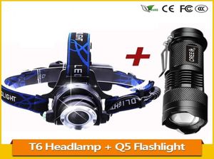 Zoom 3800lm T6 LED -koplamp Koplamp Oplaadbaar 18650 Batterij Koplamp Q5 Mini LED Zoombare Tactical Torch8050979