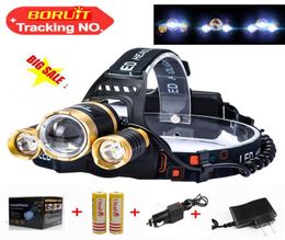 Zoomable T6 + 2Q5 LED PhaDlight 8000lm Head lampe de poche Torche Torche Linterna T6 18650 Batterie / CACHE CHARGEM