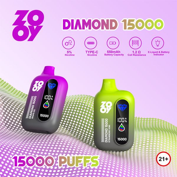 ZOOY DIAMOND 15000 bouffées 15k Cartouches électroniques jetables 25 ml Stylo rechargeable préchargé 550 mAh Vape jetable 2% 5% vape jetable.Affichage intelligent