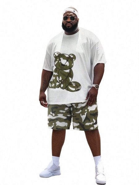 Zooy L-9XL Costume pour hommes Rétro Carto Camoue Bear Lettres Feuille d'érable Graffiti Rétro Street Color Block T-Shirt Short Costume A2Ye #