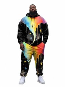 Zooy L-9XLMen Costume Color Block Street Carto Couleur Strap Spl Ink Rainbow Universe Lg-Sleeves Sweat à capuche Pantalon de survêtement Costume l1p2 #