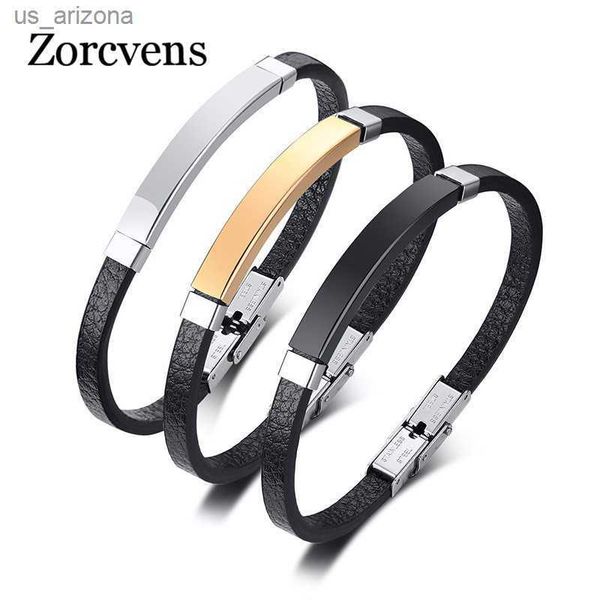 ZORCVENS mode cuir homme Bracelet Punk Vintage barre en acier inoxydable gravé nom ID étiquettes Bracelets Bracelets L230620