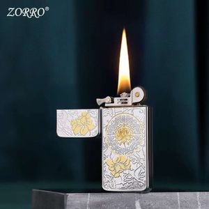 Zorro rétro ultra-mince tang tang graminée kerosène kérosène plus léger broyage d'allumage des briquets portables fumant cadeaux pour hommes